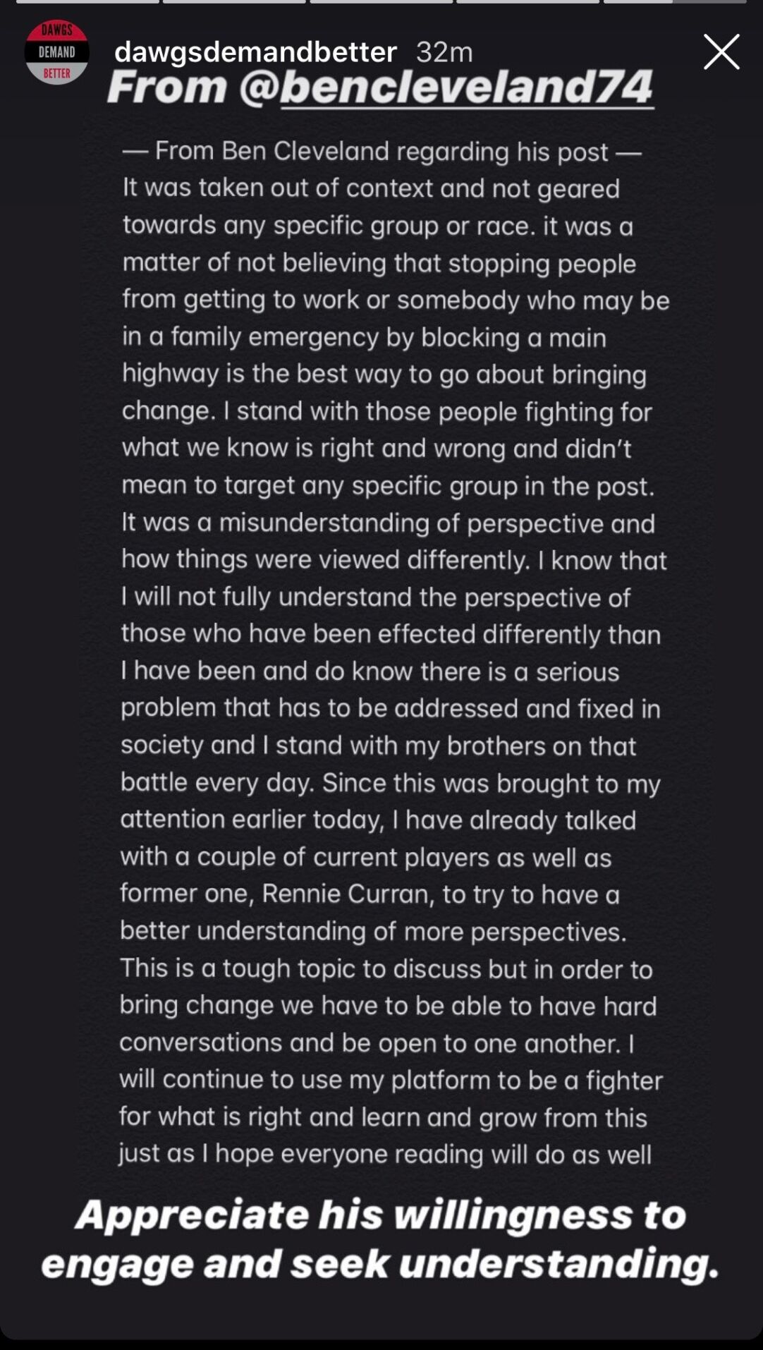 ben cleveland insta statement